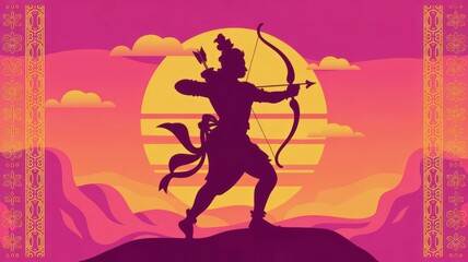 Fototapeta premium Silhouette of a warrior holding a bow and arrow against a vibrant sunset. The scene symbolizes Dussehra, celebrating the victory of good over evil.