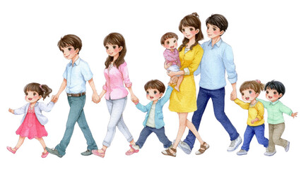 Fototapeta premium Family Walking Hand in Hand with Children in Bright Casual Clothing