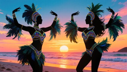 Silhouette of two dancers in vibrant costumes with feathers during a sunset on the beach
