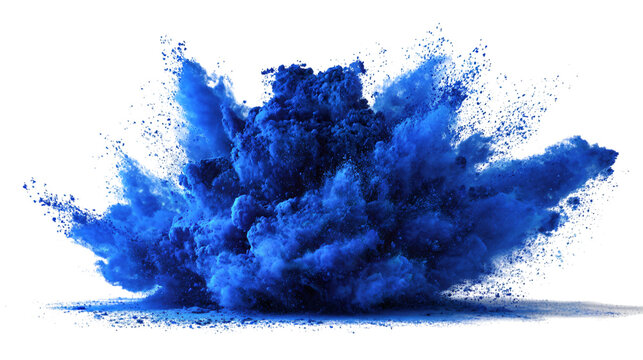 Dynamic blue powder explosion captured in mid-air, creating a vibrant and energetic visual effect.
