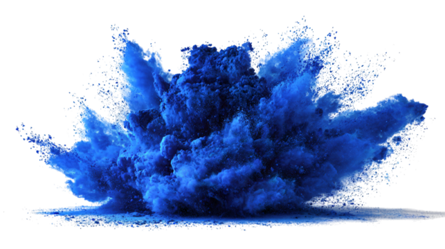 Dynamic blue powder explosion captured in mid-air, creating a vibrant and energetic visual effect.