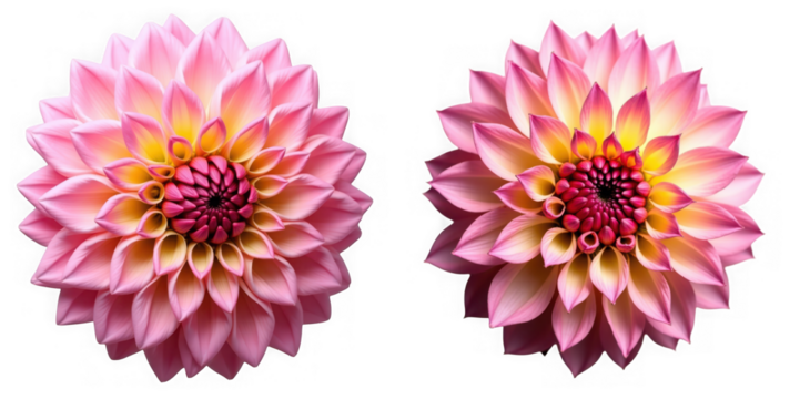Two beautiful pink dahlia flowers with yellow accents isolated on a transparent background create a visually appealing floral arrangement