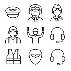 Fototapeta premium Aviation crew icons set featuring pilots, attendants, and safety equipment in linear style