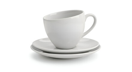 Obraz premium White ceramic coffee cup and saucer set displayed on a plain white background. Elegant, simple design with a modern, sleek profile, showing the items stacked neatly.