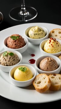 Assortment of flavored butters and pates. Gourmet appetizer platter with various spreads and fresh baguette slices. Fine dining starter.
