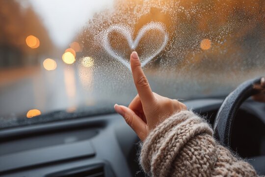Drawing a heart on a steamy car window on a rainy day evokes feelings of love and warmth amidst a grey, cold backdrop, with focus on a hand and blurred lights. - Powered by Adobe