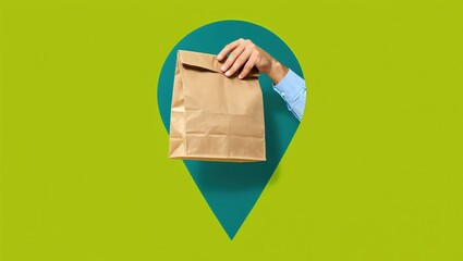 Hand holds a brown paper bag through a green pointer shape