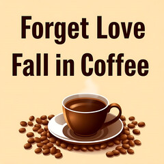 Forget love, fall in coffee a motivational message with a cup of coffee and beans, perfect for a poster or card design to inspire and energize your day
