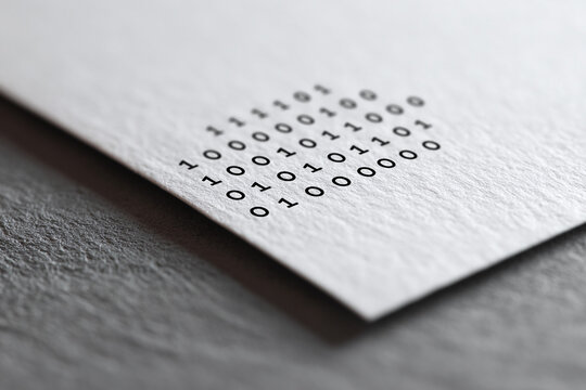 Abstract, minimalist image of binary code printed on textured paper. Illustrates technology, data, or the digital world. Perfect for tech blogs, security concepts.