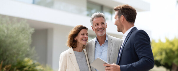 Smiling couple meeting with a professional in front of a modern home. Depicts trust, real estate, financial planning, or consulting services, with a contemporary aesthetic.