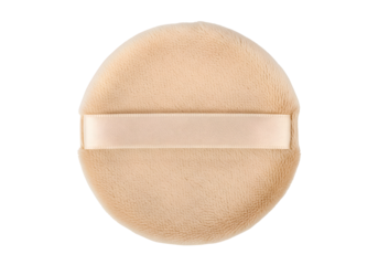 Round, beige cosmetic puff with ribbon.
