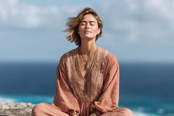 Serene woman meditates outdoors against a tranquil sea backdrop. Symbolizes inner peace, mindfulness, wellness, and holistic health. Ideal for travel, lifestyle, and spiritual content.