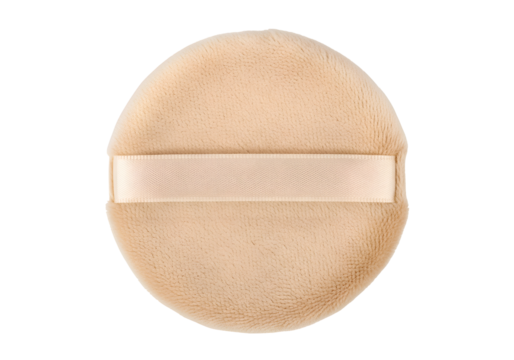 Round, beige cosmetic puff with ribbon.