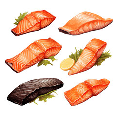 Set of Different Grilled Salmon Fillets isolated on transparent background Remove png