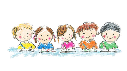 Cute Children's Drawing of Five Smiling Kids with Colorful Outfits