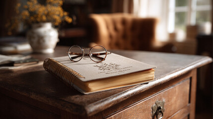 Vintage styled journal with eyeglasses resting on it. Ideal for themes of nostalgia, learning, memory, or creativity. Soft focus for adding text. Warm tones.