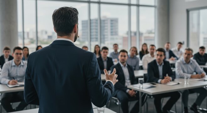 Professional speaker engages audience in a bright conference room with large windows and modern seating arrangements