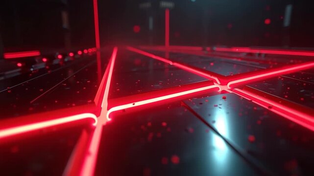 Red laser beams crossing on dark reflective surface  