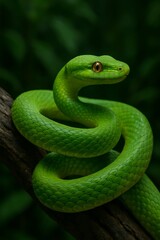 Naklejka premium Vibrant green snake resting on a branch in a lush environment