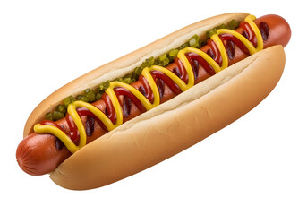 A hot dog with condiments on a black background.