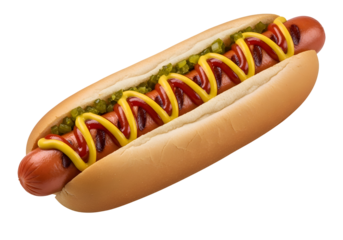 A hot dog with condiments on a black background.