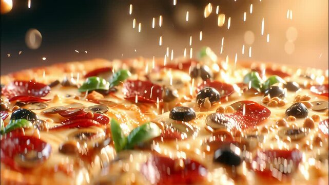 Cheesy pepperoni pizza layered with mushrooms, fresh basil, savoring spices over golden crust, ready for drizzling delicious moments video 4k