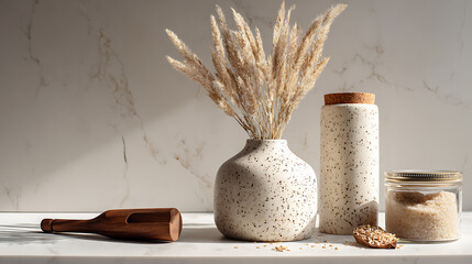 Dried grasses in speckled vase with wooden scoop and jars pampas grass speckled ceramic