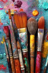 Fototapeta premium Paintbrushes, various colors, on a colorful palette