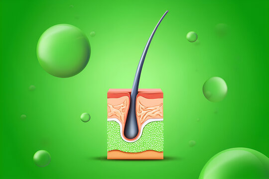 Healthy hair follicle cross section with green spheres skin