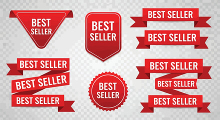 Red ribbons and badges with best seller text sale