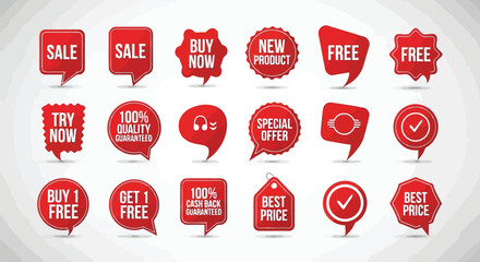 Red sale offer tags with various text and icons buy now new product