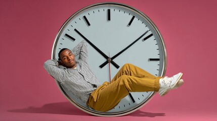 Young man reclining comfortably inside a large clock, showcasing a playful concept of time management and relaxation against a vibrant pink background, emphasizing creativity and imagination