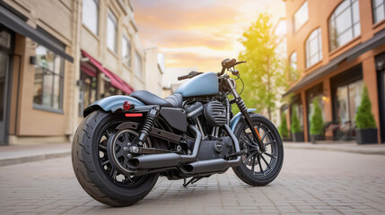 Fototapeta premium A vintage motorcycle rests on a cobblestone alley, warm afternoon sunlight casting soft shadows around it, creating a nostalgic and peaceful atmosphere..