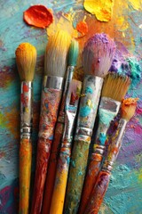 Obraz premium Colorful paint-splattered artist's brushes on a palette