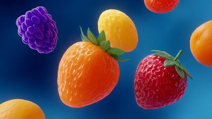Colorful assortment of realistic fruits including strawberries, oranges, raspberries, and blueberries, floating against a vibrant blue background, showcasing freshness and vitality in a visually appea