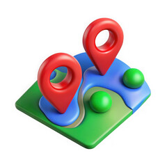 Stylized 3d isometric map with two red location pins and green spheres representing points of interest isolated on transparent background