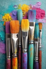 Obraz premium Colorful paintbrushes clustered on a teal surface, vibrant paint splatters around
