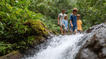 Family adventure Children explore nature, crossing a small waterfall in a lush rainforest with their father. Represents exploration, bonding, and healthy outdoor lifestyle.