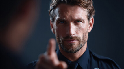 Fototapeta premium Intense portrait of a man in uniform pointing. Symbolizes authority, justice, or warning. Perfect for illustrating crime, law enforcement, or social issues.