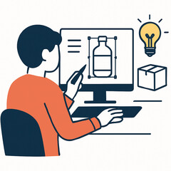 Man designing a product on a computer with a lightbulb idea