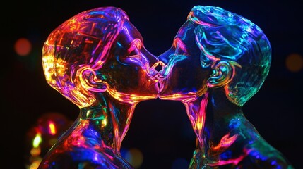 An Exquisite and Vibrant Glass Sculpture Beautifully Depicting a Couple Happily Sharing a Tender Kiss Together