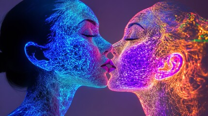 An Exquisite and Vibrant Glass Sculpture Beautifully Depicting a Couple Happily Sharing a Tender Kiss Together