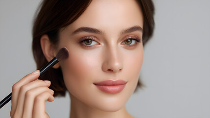 Fototapeta premium Glowing Transformation: A serene young woman applying makeup, her flawless complexion radiant as she delicately uses a makeup brush. This image represents the beauty of enhancing natural features.