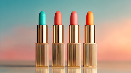 Four luxurious lipsticks in vibrant shades of turquoise coral pink and orange