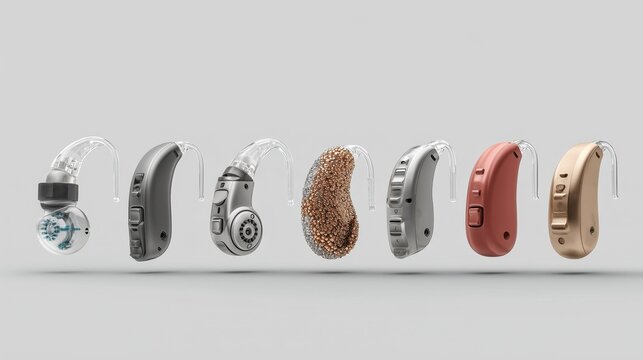 Deaf Awareness Month. of the evolution of hearing aids and cochlear implants across decades, clean clinical background