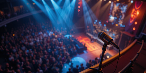 Live music event with a microphone concert hall photography vibrant atmosphere elevated viewpoint