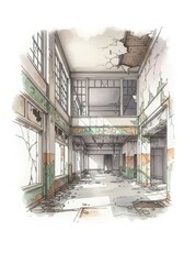 Abandoned Building Interior Decay - A haunting symbolizing urban decay, lost potential, time's passage, forgotten history, and resilience