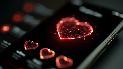 Glowing digital hearts displayed on a dark smartphone screen technology