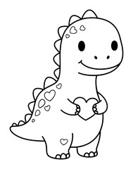 Fototapeta premium Cute Dinosaur Holding a Heart Line Art Illustration