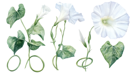 Set of white morning glory flowers with coiled green stems, watercolor, isolated on transparent background 